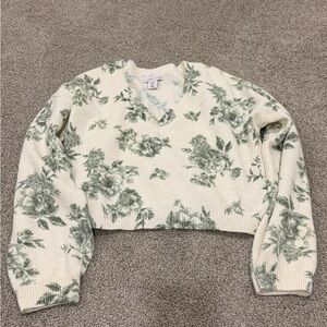 Sincerely Jules Cream and Green Floral V-Neck Sweater